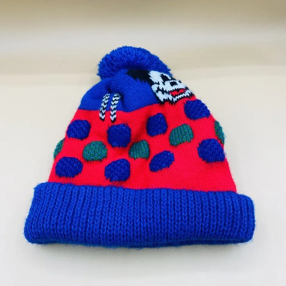 Vintage Garon Mickey Mouse Walt Disney Youth Beanie Cap Hat Pom Pom USA Blue Red